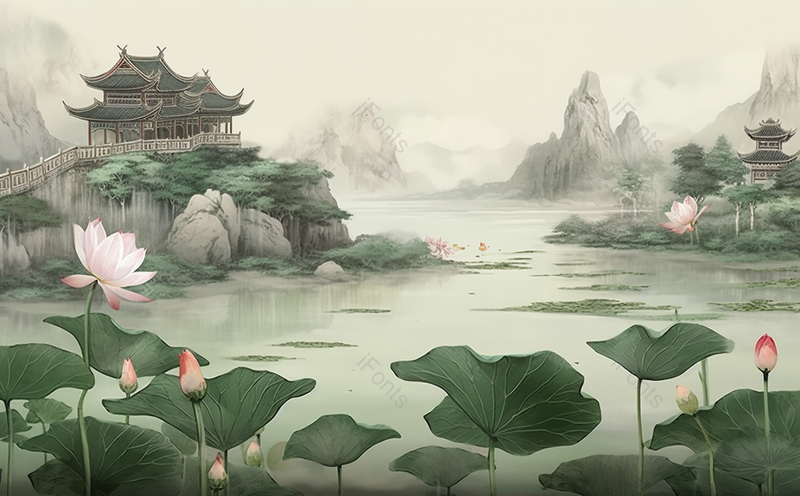 建筑斗拱榫卯立夏平静湖面云雾缭绕荷花盛开国风水墨画,插画/手绘图,插画/手绘图库,插画/手绘图下载,插画/手绘